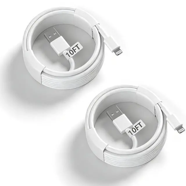 Main image of Long 10 Foot Car Charger Cord, USB A to Lightning Cable Compatible for Apple iPhone 14 13 12 11 Pro Max XR XS X 8 7 6 Plus SE iPad, Two Pack,White