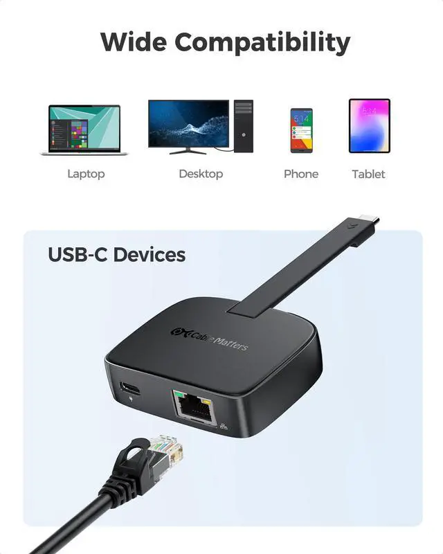 Alt view image 6 of 6 - USB C to 2.5 Gigabit Ethernet Adapter with 100W Charging (2.5g Ethernet to USB C Adapter) -Compatible with Thunderbolt 4, MacBook Pro, XPS, Surface Pro, Not Support Android or Chromecast