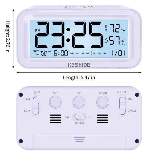 Alt view image 2 of 7 - Night Light Digital Alarm Clock Battery Operated with Indoor Temperature Humidity, Desk Small Clock,Snooze Model,12/24H Display for Bedrooms Heavy Sleepers Kids Travel Bathroom (Purple)