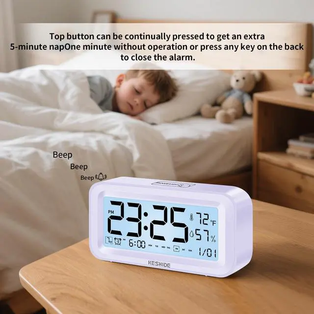Alt view image 3 of 7 - Night Light Digital Alarm Clock Battery Operated with Indoor Temperature Humidity, Desk Small Clock,Snooze Model,12/24H Display for Bedrooms Heavy Sleepers Kids Travel Bathroom (Purple)
