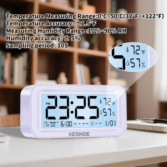 Alt view image 4 of 7 - Night Light Digital Alarm Clock Battery Operated with Indoor Temperature Humidity, Desk Small Clock,Snooze Model,12/24H Display for Bedrooms Heavy Sleepers Kids Travel Bathroom (Purple)