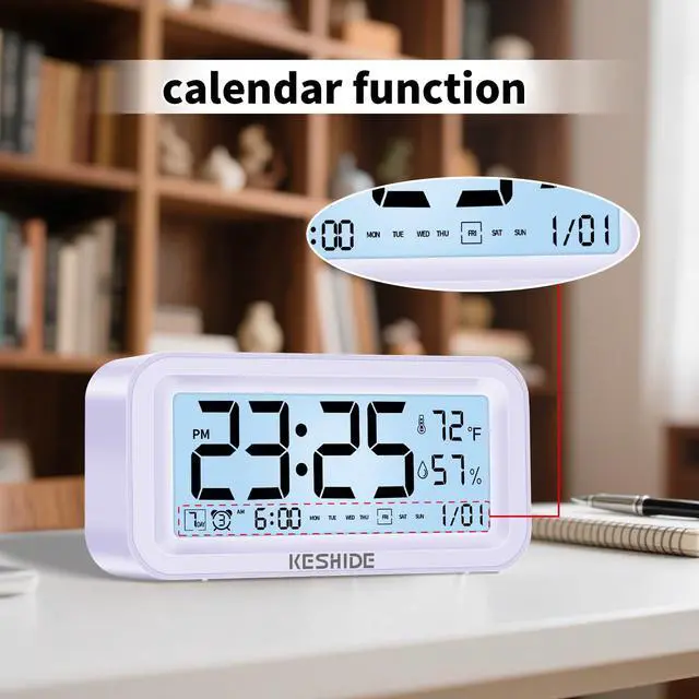 Alt view image 5 of 7 - Night Light Digital Alarm Clock Battery Operated with Indoor Temperature Humidity, Desk Small Clock,Snooze Model,12/24H Display for Bedrooms Heavy Sleepers Kids Travel Bathroom (Purple)