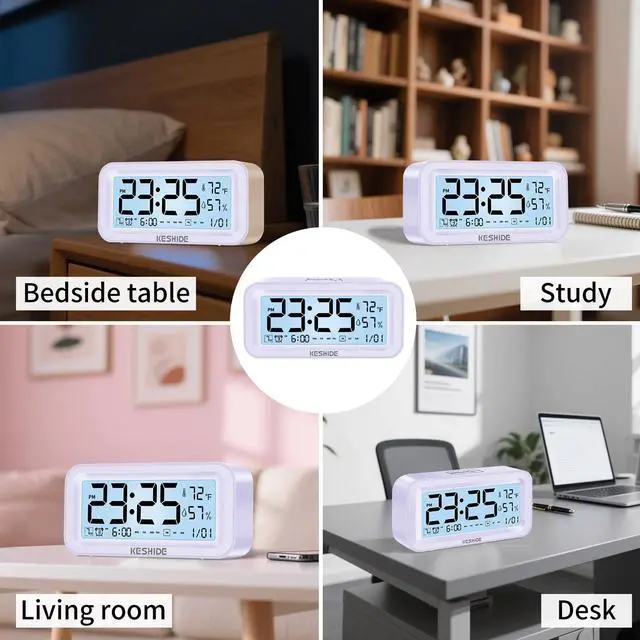 Alt view image 7 of 7 - Night Light Digital Alarm Clock Battery Operated with Indoor Temperature Humidity, Desk Small Clock,Snooze Model,12/24H Display for Bedrooms Heavy Sleepers Kids Travel Bathroom (Purple)