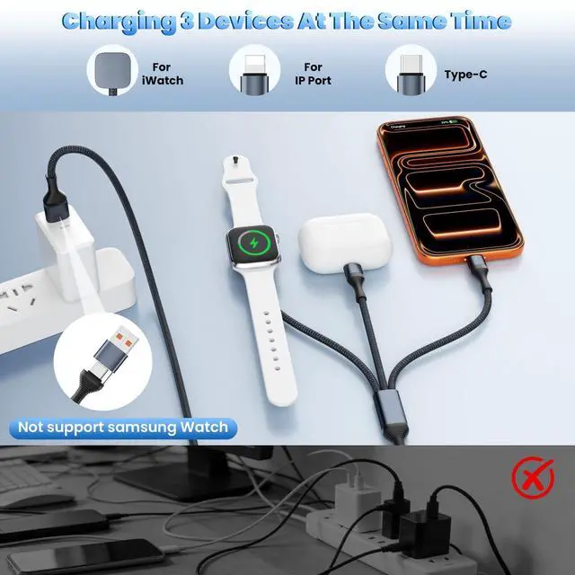 Alt view image 2 of 7 - 3 in 2 Multi Charging Cable for iWatch Charger/IP/USB C, Travel Cruise Essentials for Car Charger,4FT Nylon Charging Cords USB C/A Phone Charger for iWatch Series/iPhone 17-11/iPad,Home/Office/Car Use