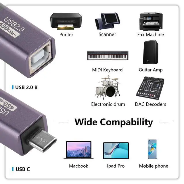 Alt view image 5 of 7 - 2 Pack USB C to USB B Adapter Type C to MIDI Convert Connector Type C Male to USB B Female Printer Adapter for Eectric Piano DAC,Synthesizer,DJ Controller,Keyboard,Printer (Straight)