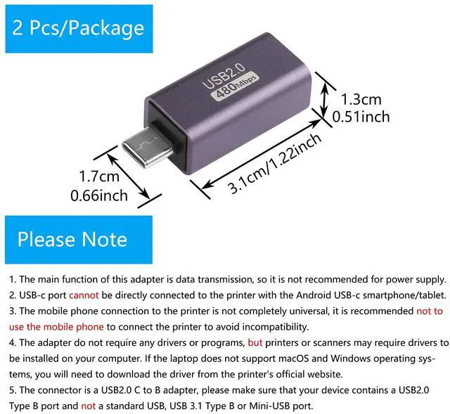 Alt view image 7 of 7 - 2 Pack USB C to USB B Adapter Type C to MIDI Convert Connector Type C Male to USB B Female Printer Adapter for Eectric Piano DAC,Synthesizer,DJ Controller,Keyboard,Printer (Straight)