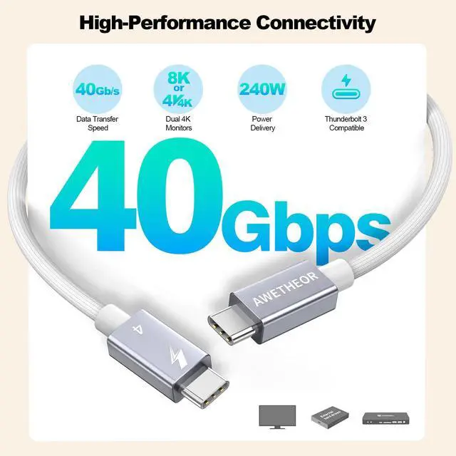 Alt view image 3 of 7 - Thunderbolt 4 Cable for USB4 6.6FT, Braided USB C to C Cable Supports 8K/Dual 4K Display, 240W Fast Charging, 40Gbps Data Sync, High Speed USB4 Cables for Macbook Pro/Air, iPhone, PSSD,Docking,Monitor