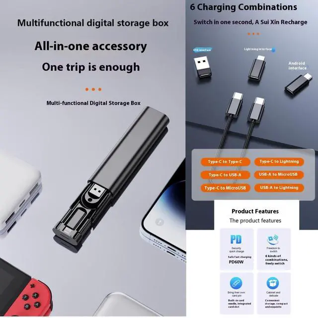 Alt view image 2 of 7 - Hidden Data Cable Storage Box with 60W Super Fast Charging Cable, Multifunctional Multiple adapters, Versatile Matching Type-C Interface/Portable Adapter Storage Box (White)