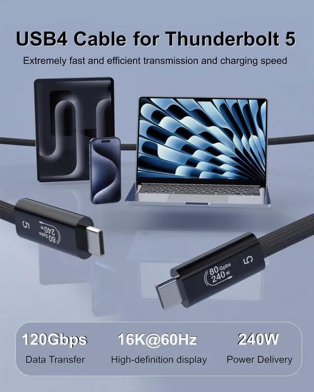 Alt view image 2 of 6 - 80Gbps compatible for Thunderbolt 5 Cable, 3.3FT USB C to USB C Cable, Bandwidth up to 120Gbps,16K/Dual 8K display and 240W Charging, Compatible with Thunderbolt 5/4, MacBook Pro, iPhone17/16/15, SSD