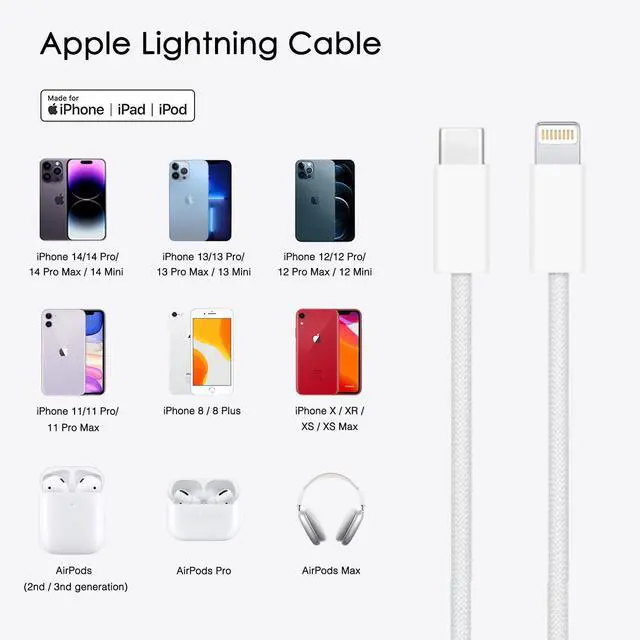 Alt view image 3 of 7 - 10FT Woven Lightning to USB C Cable, iPhone 14 pro Fast Charger Cable, Long Charging Cord for Apple iPhone 14, 14 pro max,13,Plus,SE 2nd/12/11/Xs/XR, iPad 4/5/ 6/7/ 8, iPad mini 2/3/4/5, iPad Air 2/3