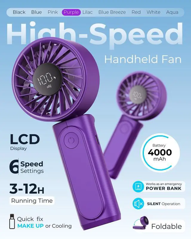 Alt view image 2 of 7 - Portable Handheld Fan, 4000mAh, USB Rechargeable 180° Foldable Mini Desk Fan, 6 Wind Speed, LCD Digital Display, Lanyard as Neck Fan, Ultra Quiet, Pocket Size for Indoor Outdoor