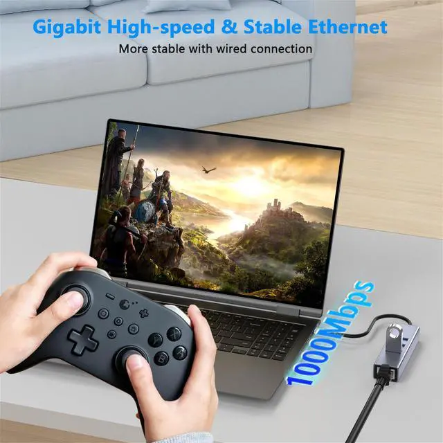 Alt view image 4 of 7 - USB to Ethernet Adapter, 4 in 1 Gigabit LAN Network Adapter with 3 x Type-A3.0, USB Hub with Ethernet, RJ45 to Type-A Cable for Laptop, Compatible with Windows, Mac OS, Linux, Surface and More