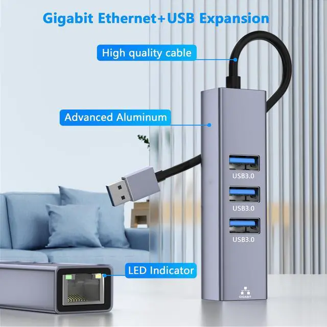 Alt view image 6 of 7 - USB to Ethernet Adapter, 4 in 1 Gigabit LAN Network Adapter with 3 x Type-A3.0, USB Hub with Ethernet, RJ45 to Type-A Cable for Laptop, Compatible with Windows, Mac OS, Linux, Surface and More