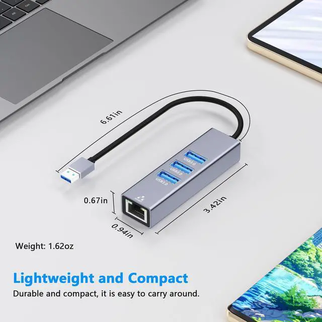 Alt view image 7 of 7 - USB to Ethernet Adapter, 4 in 1 Gigabit LAN Network Adapter with 3 x Type-A3.0, USB Hub with Ethernet, RJ45 to Type-A Cable for Laptop, Compatible with Windows, Mac OS, Linux, Surface and More