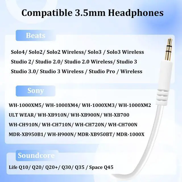 Alt view image 2 of 7 - 3.5mm to 3.5mm Aux Audio Cable, Replacement Audio Cord Compatible with Beats Solo 4 Studio Pro Studio3 Solo3 Solo2 Sony WH-1000XM5 WH-1000XM4 WH-CH720N ULT WEAR (White)