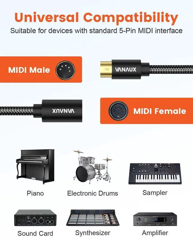 Alt view image 6 of 7 - MIDI Extension Cable Male to Female 5-Pin MIDI Cable Compatible with MIDI Keyboard, Keyboard Synth, Rack Synth, Sampler, External Sound Card, Sound Source and More-Black (6FT/1.8M)