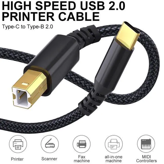 Alt view image 5 of 6 - Nylon USB B to USB C Cable 6.6FT for MacBook Pro/Air iPad Computer Laptop, HP, Epson, Canon, Brother, Yamaha Casio Digital Piano, Compatible with MIDI Keyboard, DAC, DJ Controller, Keyboard, Printer