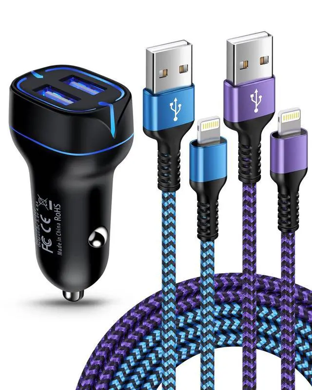 Main image of Phone Car Charger, Dual Port Cigarette Lighter Adapter + 2Pack-3FT Lightning Cables Fast Charging for iPhone 14 13 12 Pro Max Mini 11Pro 10 SE X XR XS Max 8, Lightening Wire 3FT + Car Phone Cargador