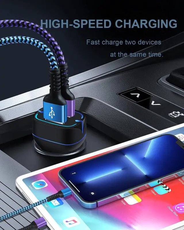Alt view image 3 of 7 - Phone Car Charger, Dual Port Cigarette Lighter Adapter + 2Pack-3FT Lightning Cables Fast Charging for iPhone 14 13 12 Pro Max Mini 11Pro 10 SE X XR XS Max 8, Lightening Wire 3FT + Car Phone Cargador