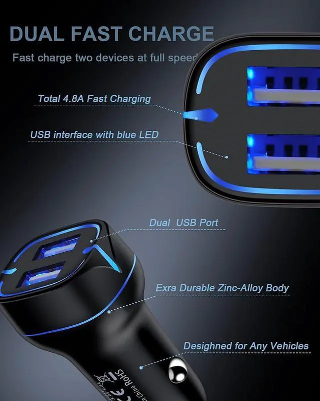 Alt view image 5 of 7 - Phone Car Charger, Dual Port Cigarette Lighter Adapter + 2Pack-3FT Lightning Cables Fast Charging for iPhone 14 13 12 Pro Max Mini 11Pro 10 SE X XR XS Max 8, Lightening Wire 3FT + Car Phone Cargador