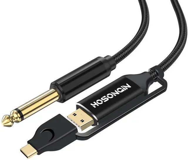 Main image of USB Guitar Cable, Dual USB-C and USB-A Connectors, 16-bit/48kHz High-Fidelity Audio Adapter for Electric Guitar/Bass, Compatible with GarageBand, Audacity, and MacBook, 10 Feet