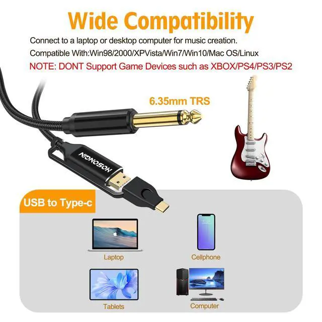 Alt view image 2 of 7 - USB Guitar Cable, Dual USB-C and USB-A Connectors, 16-bit/48kHz High-Fidelity Audio Adapter for Electric Guitar/Bass, Compatible with GarageBand, Audacity, and MacBook, 10 Feet