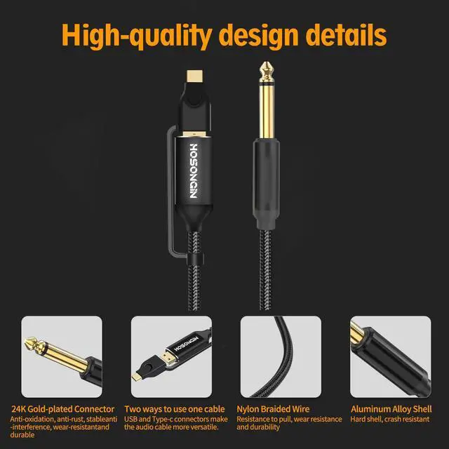 Alt view image 3 of 7 - USB Guitar Cable, Dual USB-C and USB-A Connectors, 16-bit/48kHz High-Fidelity Audio Adapter for Electric Guitar/Bass, Compatible with GarageBand, Audacity, and MacBook, 10 Feet