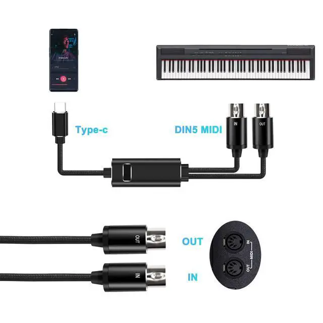 Alt view image 4 of 7 - MIDI to USB C Type-C Interface Cable Adapter 5 Pin MIDI to Type-C Input&Output Adapter Cord Converter for Piano Keyboard to PC Mac Laptop with LED Indicator -2M/6.5FT