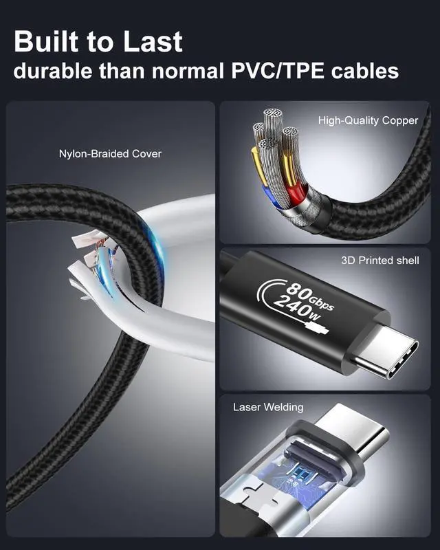 Alt view image 4 of 7 - Thunderbolt 5 Cable, 3.3ft USB C to USB-C 80Gbps Data Transfer 240W PD3.1 Fast Charging 120Gbps Bandwidth 8K Display for TB4/3 USB4 Dock MacBook M4 iPhone 17 Pro Max iPad eGPU SSD, 2Pack