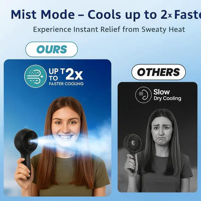 Alt view image 2 of 7 - Portable Handheld Fan, Misting Fans with USB Rechargeable, 3 Speed Personal Fan Handheld and Desktop, Perfect for Office, Home, School, Travel, Outdoor (Black)