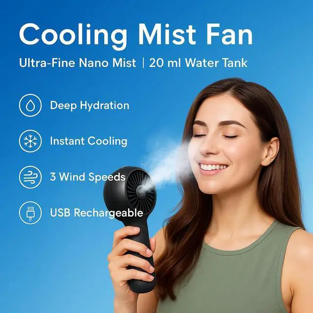 Alt view image 3 of 7 - Portable Handheld Fan, Misting Fans with USB Rechargeable, 3 Speed Personal Fan Handheld and Desktop, Perfect for Office, Home, School, Travel, Outdoor (Black)