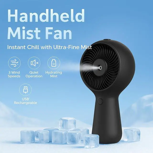 Alt view image 6 of 7 - Portable Handheld Fan, Misting Fans with USB Rechargeable, 3 Speed Personal Fan Handheld and Desktop, Perfect for Office, Home, School, Travel, Outdoor (Black)