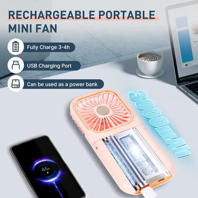 Alt view image 3 of 6 - Portable Handheld Fan Outdoor Power Bank Mini Fan 3000mAh USB Phone Holder, Handheld Pink Lovely Rechargeable