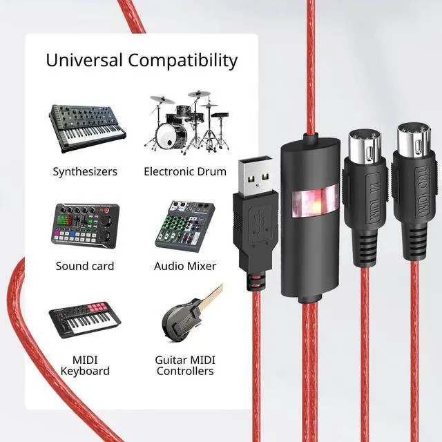 Alt view image 5 of 7 - USB Cable Interface Converter, USB-A to 5 Pin MIDI in/Out Adapter Cord for Keyboard Synthesizer Electronic Drum to PC Mac Laptop iPad iPhone, Plug and Play, 6 FT, Red