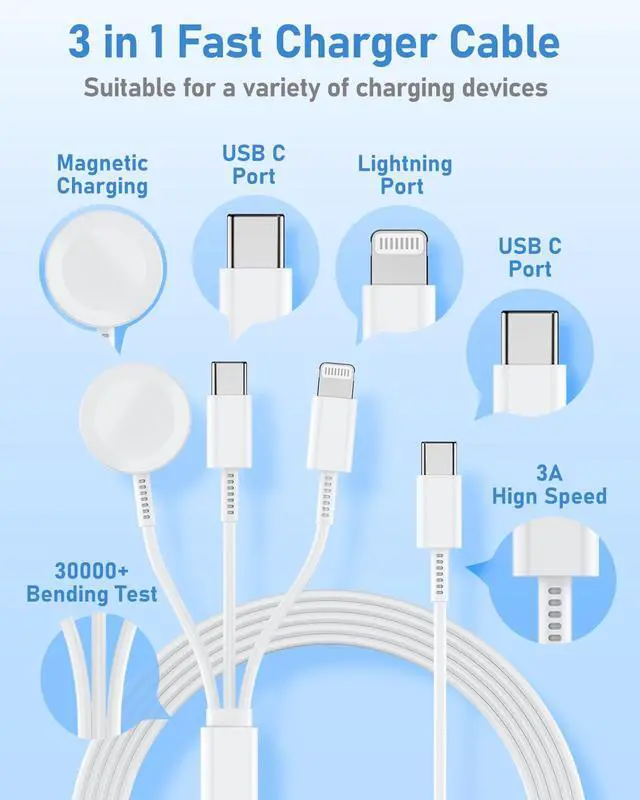 Alt view image 3 of 7 - for Apple Watch Charger Fast Charging 6FT, 3 in 1 Multi Charging Cable with USB C iPhone iWatch Charger for Apple iWatch Series 11/10/9/8/7/Ultra3/Ultra 2/SE/6/5/4/iPhone 17/16/15/14/13/12/11-White