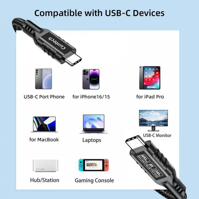 Alt view image 7 of 7 - USB C 40Gbps Data Transfer Cable 3.3ft 2-Pack, 240W PD Fast Charging 8K/4K HD Video Monitor Cable for Thunderbolt 4/3 MacBook for iPhone 17/16 iPad Pro Samsung Galaxy S24/23 Cell Phone Tablet Laptop