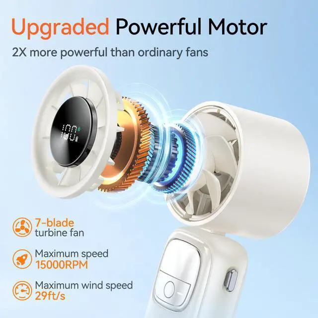 Alt view image 2 of 7 - 3-in-1 Portable Handheld Turbo Fan-100 Speeds, 15000 RPM, 10Hrs Cooling, LED Display, 90° Rotation, Travel Fan, Mini Foldable Hand Held Personal Fan for Women Men (white)