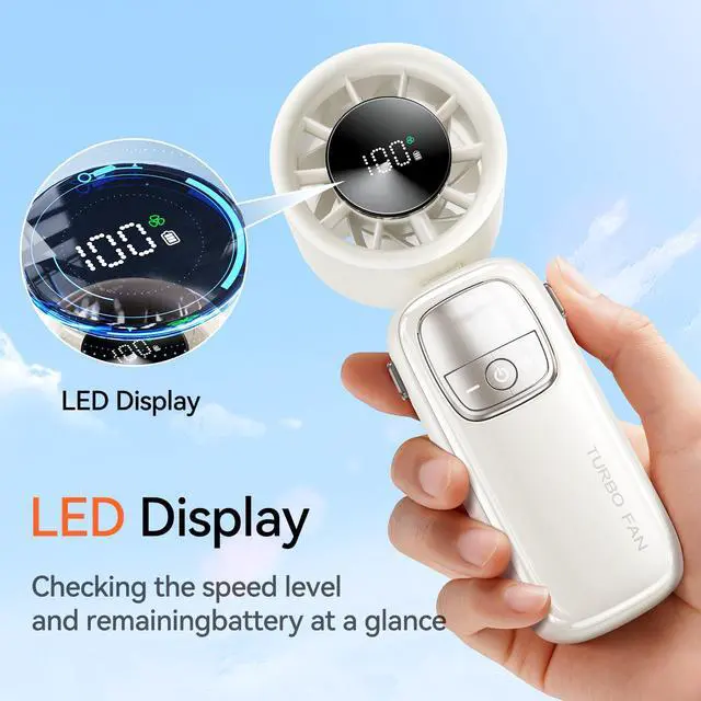 Alt view image 4 of 7 - 3-in-1 Portable Handheld Turbo Fan-100 Speeds, 15000 RPM, 10Hrs Cooling, LED Display, 90° Rotation, Travel Fan, Mini Foldable Hand Held Personal Fan for Women Men (white)