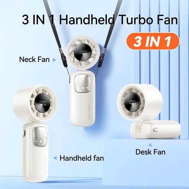 Alt view image 5 of 7 - 3-in-1 Portable Handheld Turbo Fan-100 Speeds, 15000 RPM, 10Hrs Cooling, LED Display, 90° Rotation, Travel Fan, Mini Foldable Hand Held Personal Fan for Women Men (white)