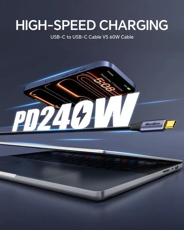 Alt view image 2 of 7 - USB C Monitor Cable Right Angle 3.3FT, 4K@60Hz Display, 20Gbps Data Transfer, 240W Fast Charging, Braided Nylon Cable 90° USB C Video Cable for MacBook Air/Pro, iPhone 15/16/17, Portable Monitor