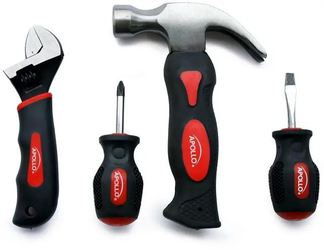 Main image of Tools 4 Piece Stubby Tool Set for Small Hands and Tight Spaces. Convenient and Compact Small Tool Set includes Mini Hammer, Mini Screwdriver Set and Mini Wrench - Red - DT0240