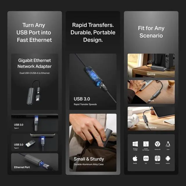 Alt view image 2 of 7 - 2-in-1 USB 3.0 & USB C to Ethernet Adapter, RJ45 Gigabit LAN, Plug & Play, Aluminum Case, Ethernet Adapter for Laptop, Thunderbolt 4/3 Compatible with Windows, Mac/iPad OS & More (UE310C)
