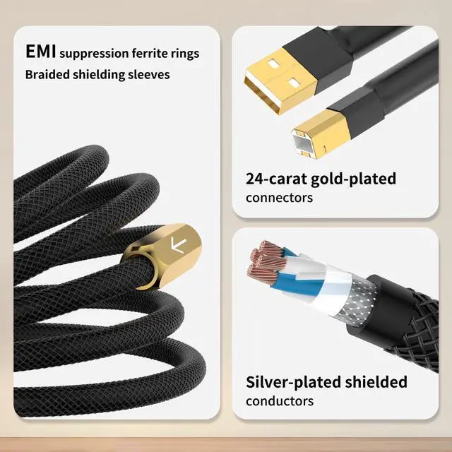 Alt view image 3 of 7 - HiFi USB Cable 3.3FT Type A Male to Type B Male Audio Digital Cable Printer Scanner Cord USB 2.0 for DAC, Decoder, Printer, Scanner