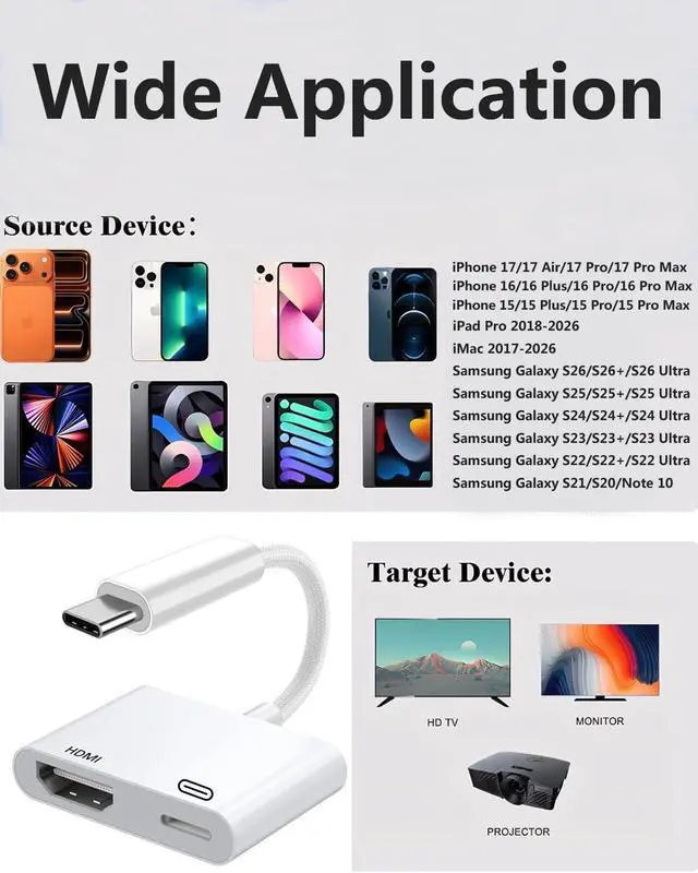 Alt view image 7 of 7 - Apple MFi Certified USB C to HDMI 4K@240Hz Adapter for iPhone 17/16/15, Type-C to HDMI Digital AV Cord with 100W PD for MacBook Pro/Air iPad Pro to TV Projector Monitor