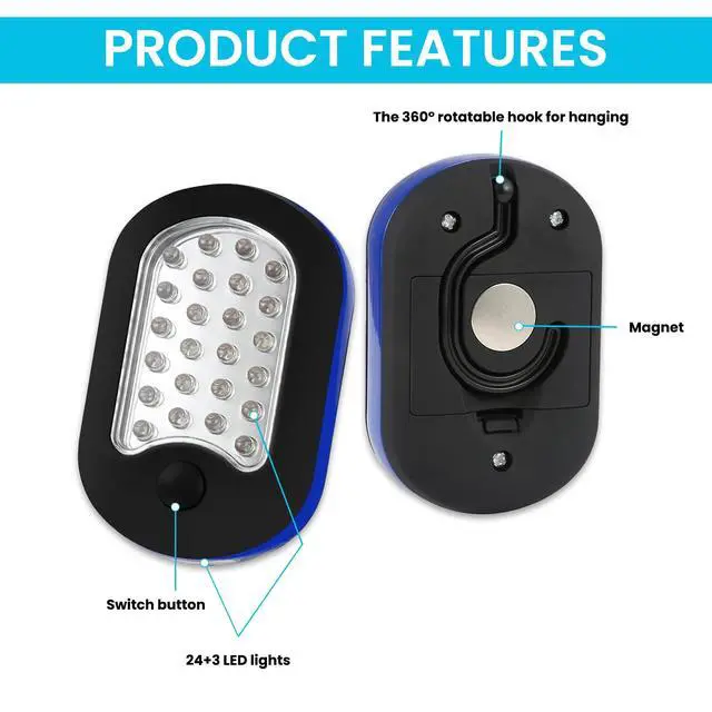 Alt view image 2 of 7 - 3-Pack LED Work Light | Portable Magnetic Work Light with Rotatable Hook, Magnetic Back & Push Button | Battery Operated Pocket Work Lights for Car Repairing, Emergency, Hiking, Camping