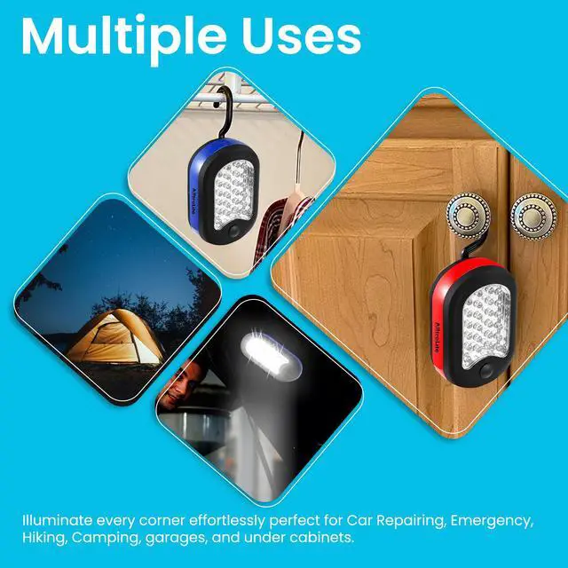 Alt view image 5 of 7 - 3-Pack LED Work Light | Portable Magnetic Work Light with Rotatable Hook, Magnetic Back & Push Button | Battery Operated Pocket Work Lights for Car Repairing, Emergency, Hiking, Camping