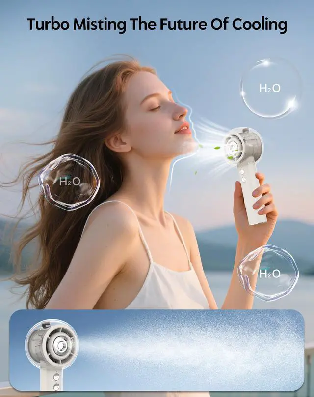 Alt view image 2 of 7 - Portable Misting Fan, Handheld Turbo Fan with Mist, 6000mAh Battery Rechargeable Personal Fans Mister 4-Speed, 25ml Water Spray Tank, Gifts for Women Men Home Office Travel Outdoor Camping