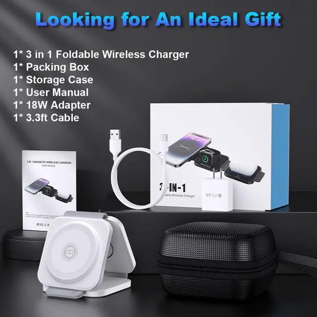 Alt view image 7 of 7 - Travel Essentials 3 in 1 Charging Station Dual Magnetic Wireless Charger for iPhone 17/16/15/14/13/12 Series and Apple Watch, Portable Charger for iPhone Watch and Airpods 4/3/2/Pro
