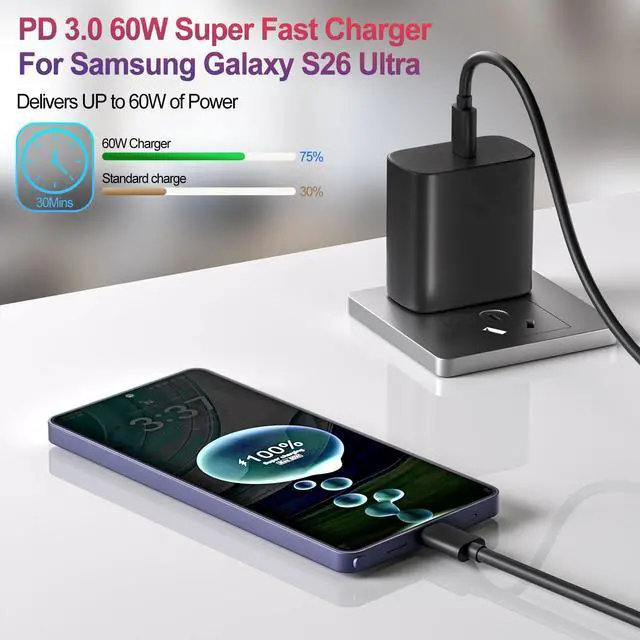 Alt view image 2 of 7 - 60W Super Fast Charger Samsung Charger Android Phone Chargers,2Pack USB C Charger Fast Charging Block & 10FT USB C Cable Cord for Samsung Galaxy S26 Ultra/S26/S26+/S25 Ultra/S25/S24/S23/S22 Ultra/S20