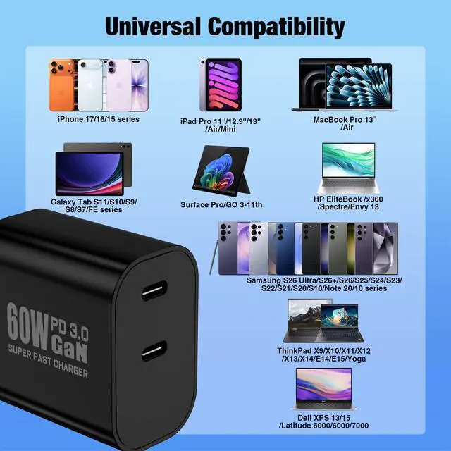Alt view image 2 of 7 - Dual Port Type-C Fast Charger 60W(in total) for Samsung Galaxy S26 Ultra, 6/6/10/10FT PD3.0 USBC Fast Charging Cable/Cord for Galaxy S26 S25 S24 S23 S22 Plus,Android Phone, iPhone 17/16/15 Pro Max,Tab